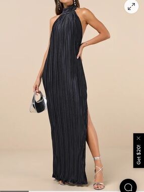 Lulu's Dark Navy Halter-Backless Pleated Maxi Dress
